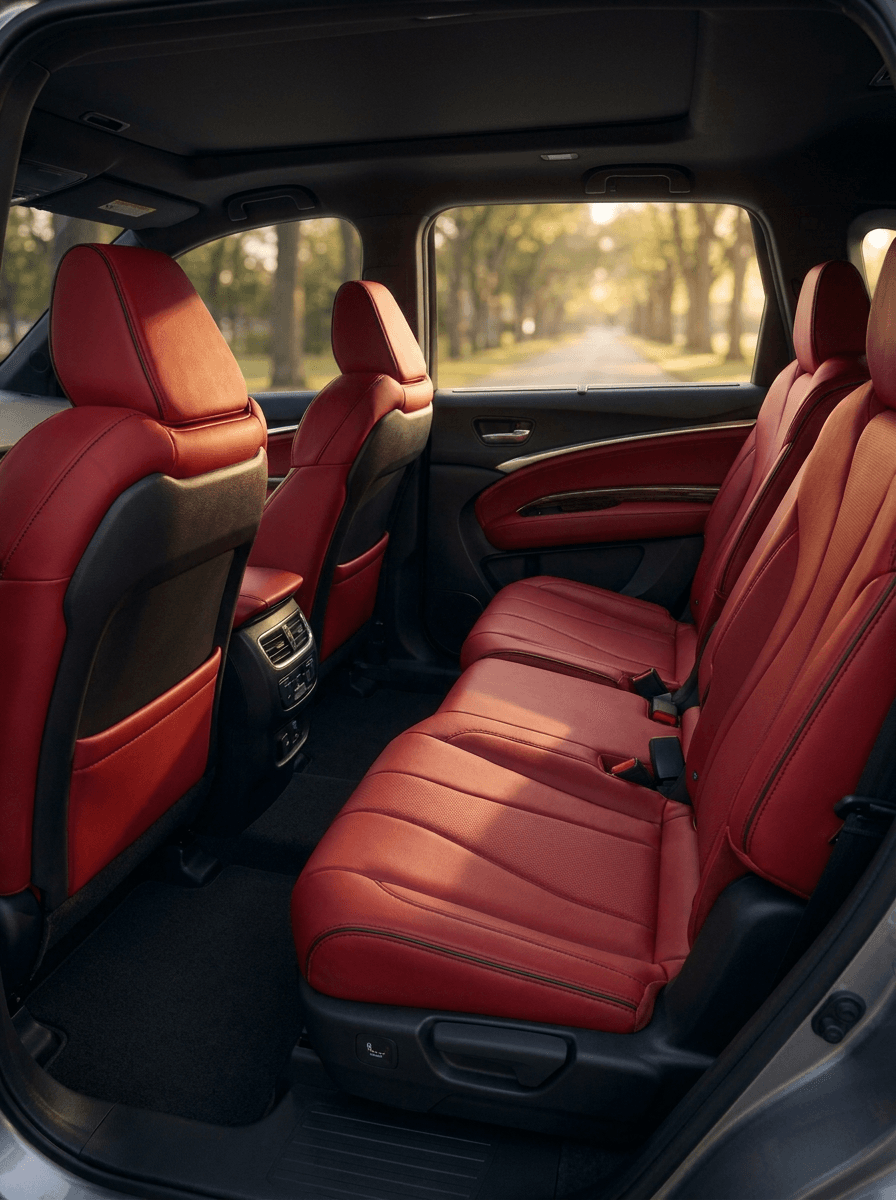 The rear cabin of an executive SUV, red leather seating in warm daylight